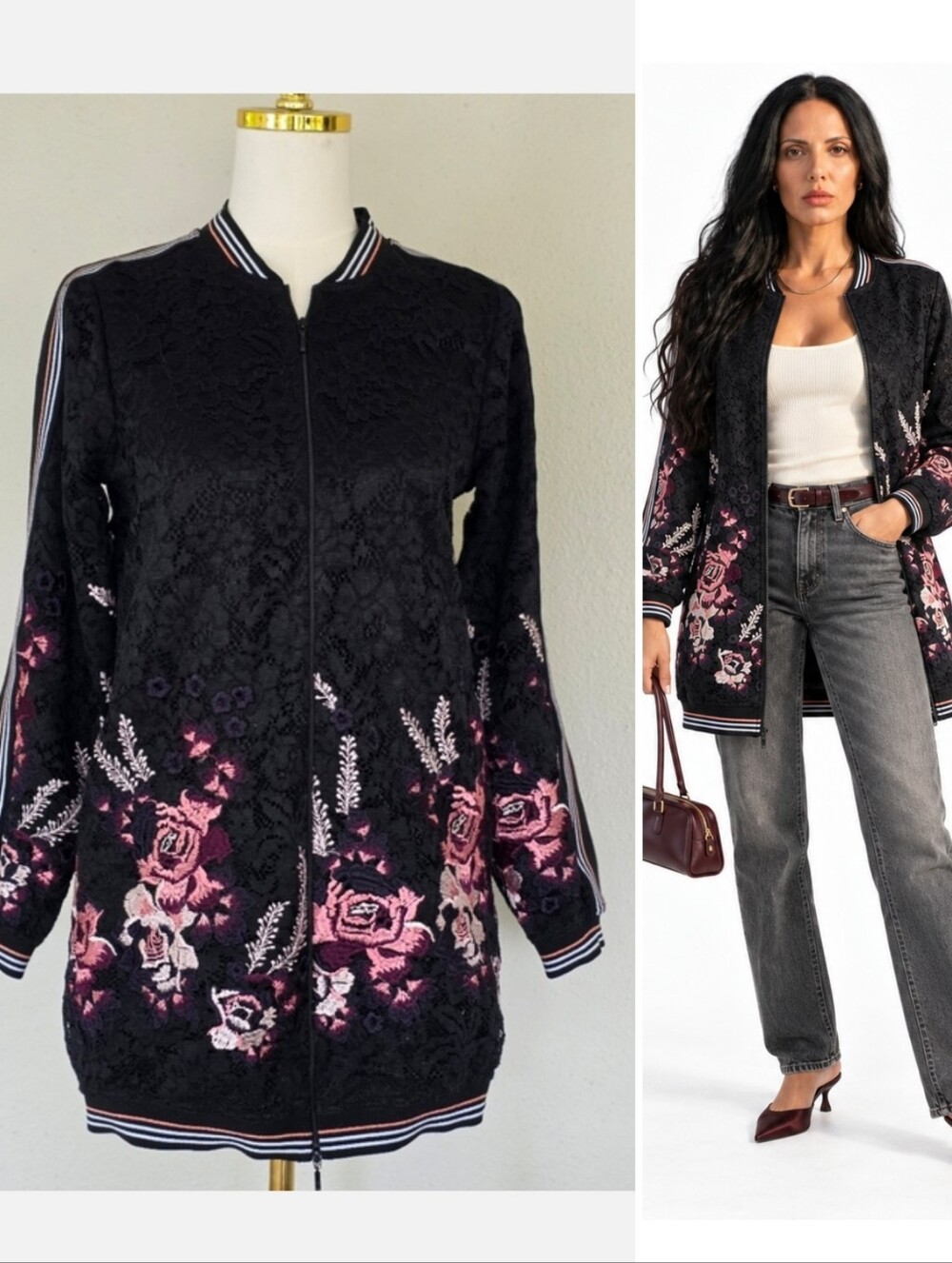 Anne Fontaine Lace Embroidered Longline Bomber Jacket Black 36 Us 4